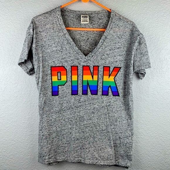 PINK Victoria's Secret V-Neck Short Sleeve Pullover T-Shirt Tee Gray Size XS - Picture 1 of 6
